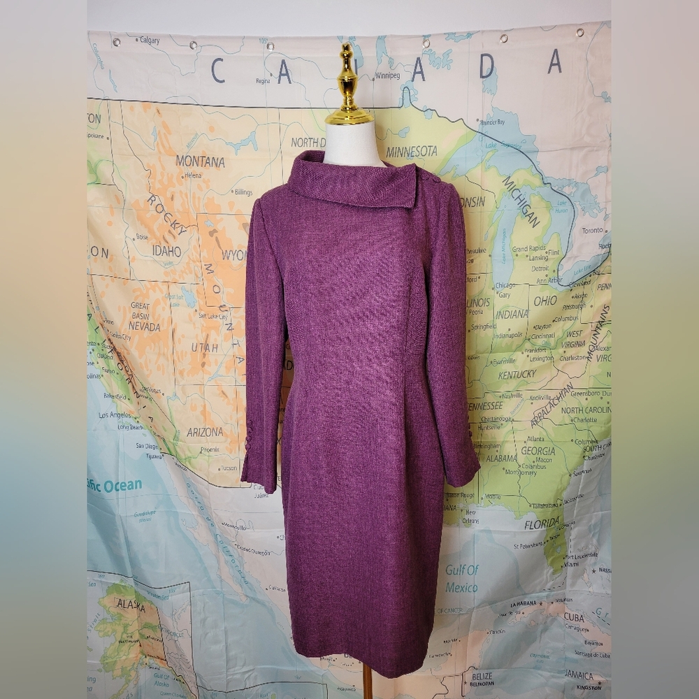 Vintage 1960s Purple Cowl Neck Dress Long Sleeve With Buttons Knee Length Sheath